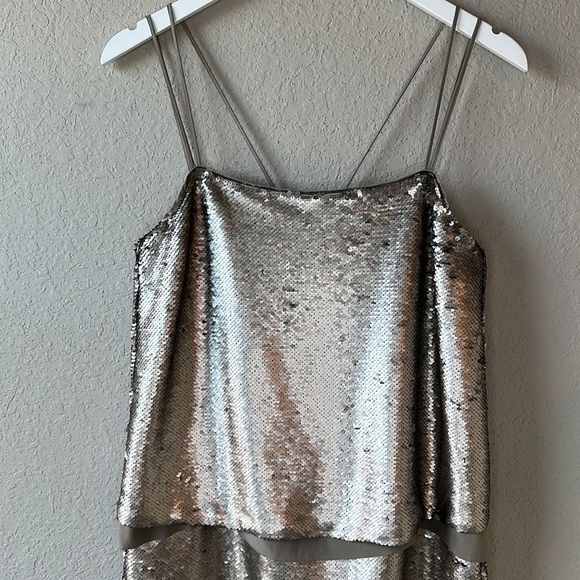 Banana Republic Pewter Sequin Layered Spaghetti Strap Mini Dress Size 6 - Picture 4 of 16